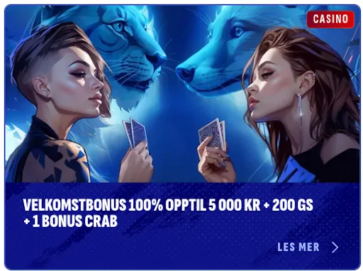 Bankonbet Casino velkomstbonus 100 % opptil 5 000 kr + 200 gratisspinn + 1 Bonus Crab To kvinner spiller kort under et blått