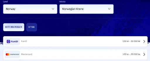 Bankonbet Norge – betalingsmetoder og grenser Liste over betalingsmetoder (FunID, Mastercard, Paysafecard, Skrill, Neteller, MiFinity) med beløpsgrenser i norske kroner